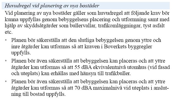 3. Riktvärden Boverket har gett ut nya allmänna råd 2008:1 Buller i planeringen Planera för bostäder i områden utsatta för buller från väg- och spårtrafik.