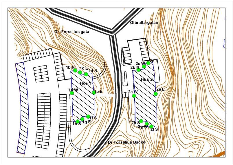 Figur 2 Beräkningspunkter. 5. Beräkningsresultat 5.1. Bullerkartor Beräkningsresultat presenteras även på bullerutbredningskartor, se bilaga 12-02476-A00-A01. 5.2. Beräkningspunkter I Tabell 1 redovisas de värden på de fasader som överstiger riktvärden för ekvivalent ljudtrycksnivå.