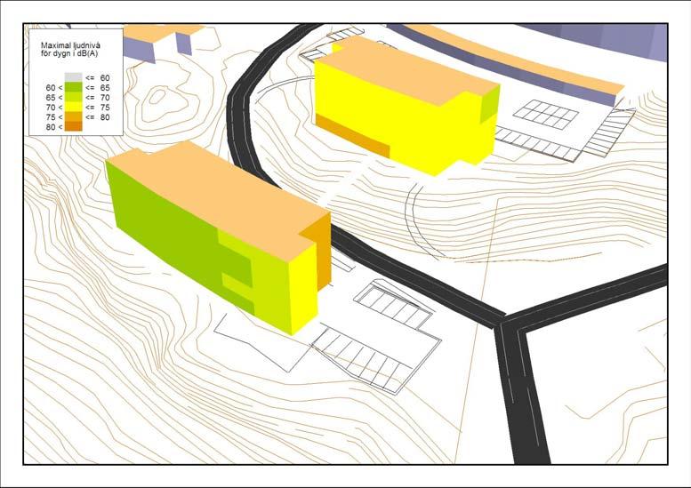 Hus Fasad Riktning Våning Ekvivalent ljudtrycksnivå [db(a)] Maximal ljudtrycksnivå [db(a)] E 5 56 63 I Tabell 2 redovisas det högsta värdet för maximal ljudtrycksnivå på varje fasad samt vilken