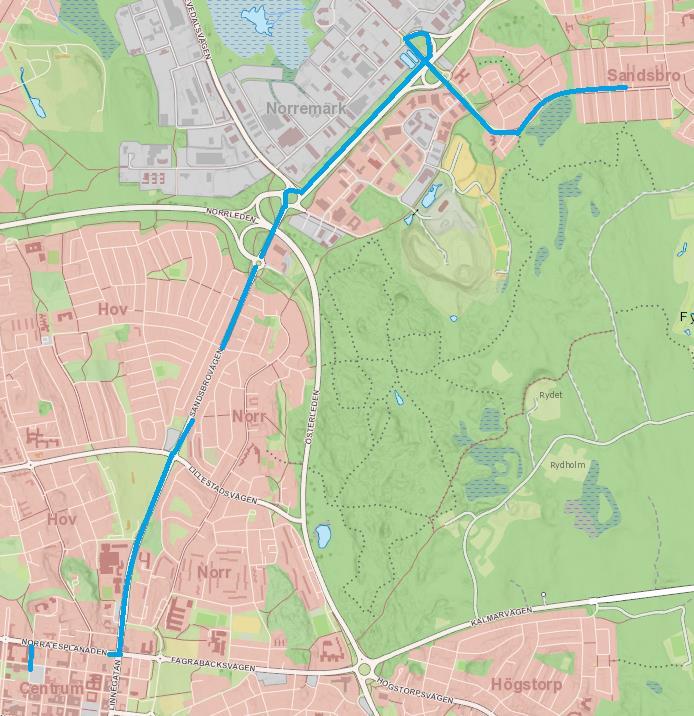 Sandsbro Centrum Från Åkervägen 24 till Storgatan 20. Figur 12. Färdväg BIL 5,7 km.