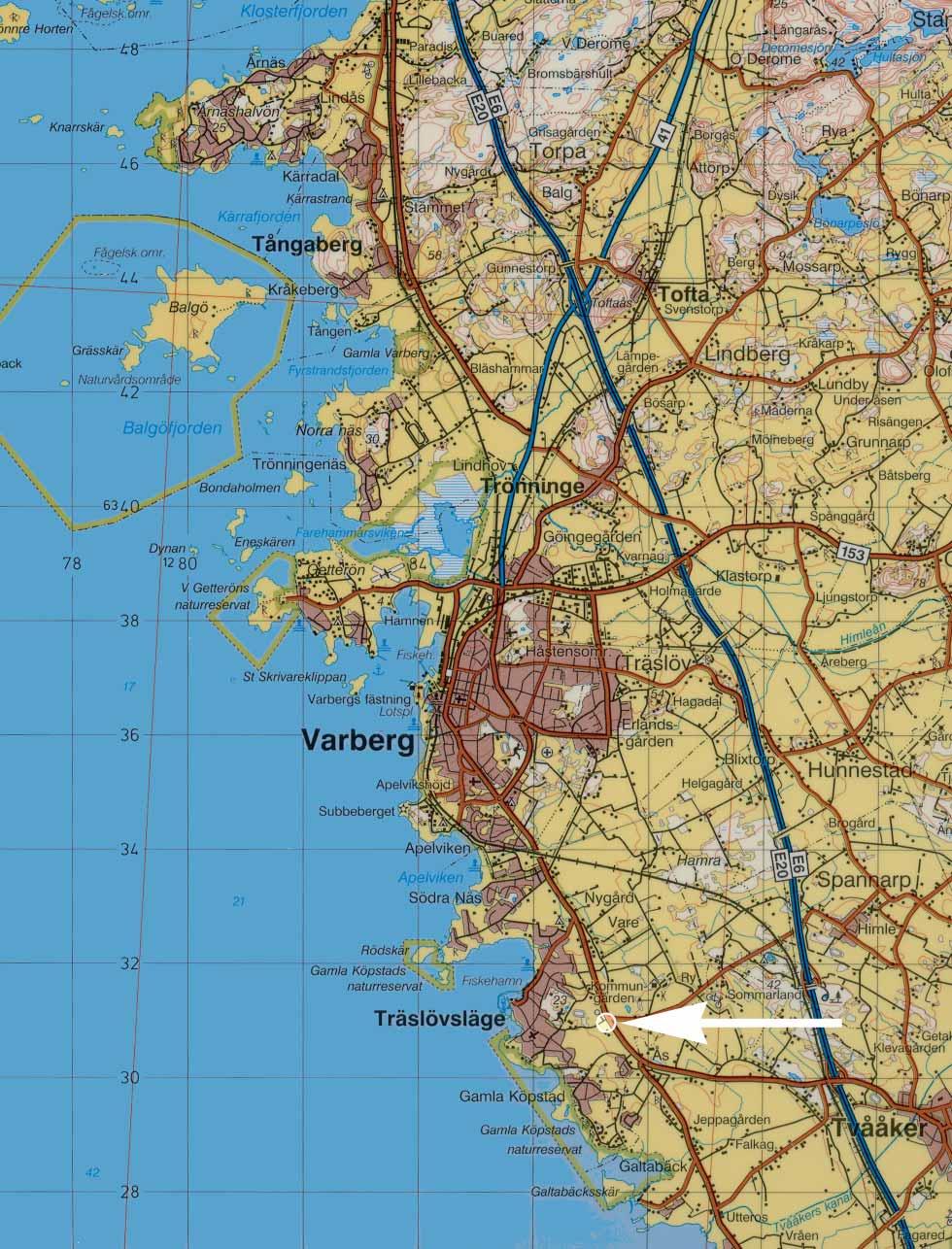 Fig. 2. Utsnitt ur Blå kartan, blad 52 Falkenberg, med platsen för undersökningen markerad. Skala 1:100 000.