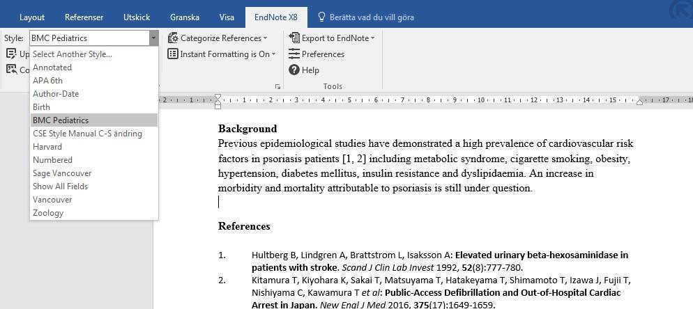 22 20. Infoga referenslista i ditt Word-dokument När du lägger in referenser i din text skapas automatiskt en referenslista i slutet av dokumentet i enlighet med den referensstil du valt.