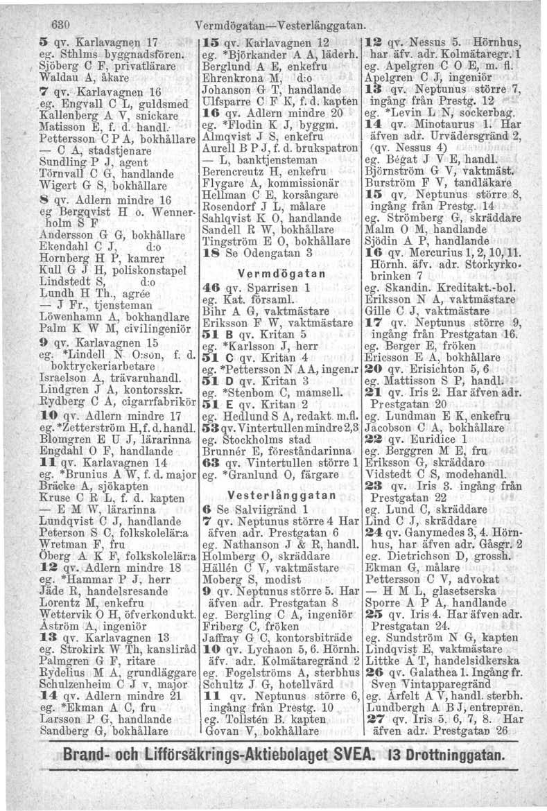 630 Vermdögatan- Vesterlänggatan. 5 qv. Karlavagnen 17 15 qv. Karlavagnen 12 '12 qvvnessus 5. Hörnhus, eg. Sthlms byggnadsfören. ego *Björkander A A, Iäderh. har äfv. adr, Kolmätaregr.