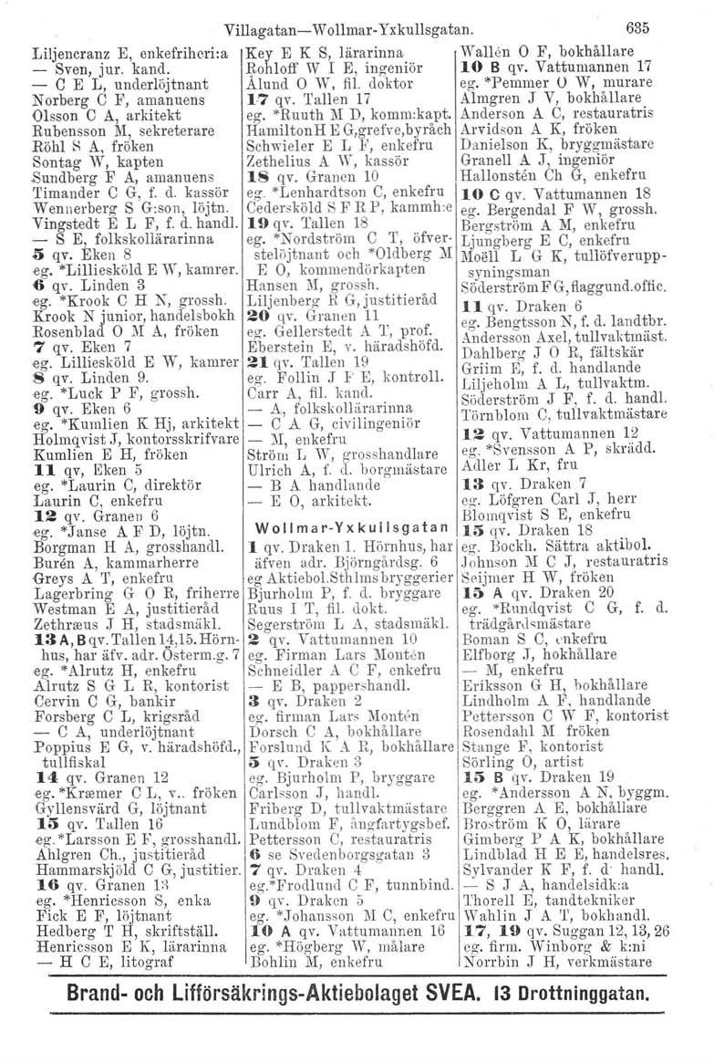 Villaga tan- W ollmar- Yxkullsgatan. 635 Liljencranz E, enkefrihcri:a Key E K S, lärarinna \Vallen O F, bokhållare - Sven, jur. kand. Rohloff W I E, ingeniör 10 B qv.