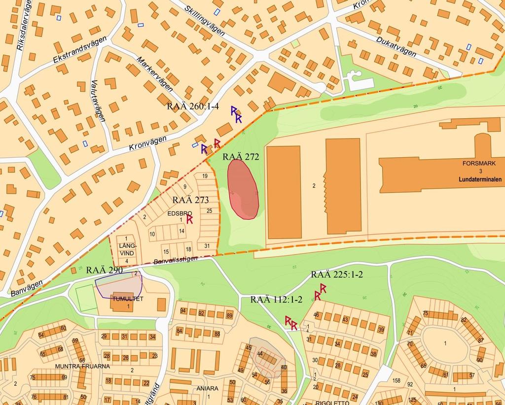Figur 2 Fornlämningar i undersökningsområdets närhet. Utsnitt ur DPmap, Stockholms stadsbyggnadskontor.