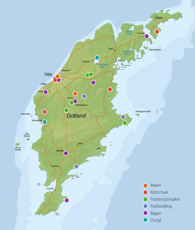 Figur 2. Ungefärlig lokaliseringen av större livsmedelsindustrier på Gotland.