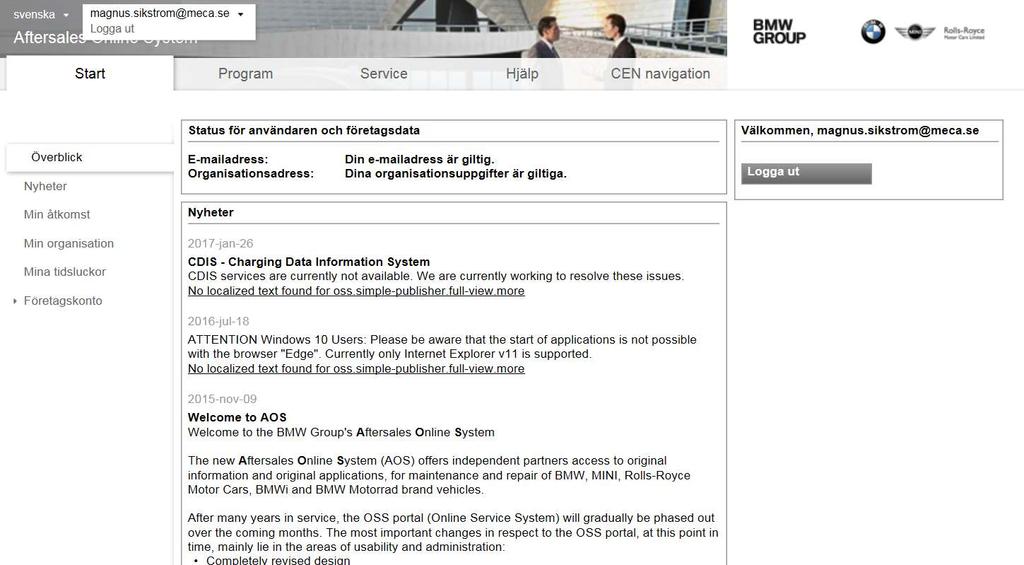 BMW Aftersales Online System Start: Här hanterar du er användaprofil, fyller på pengar på kontot och köper så kallade tidsluckor(om du vill göra annat än att fylla i servicehistoriken).