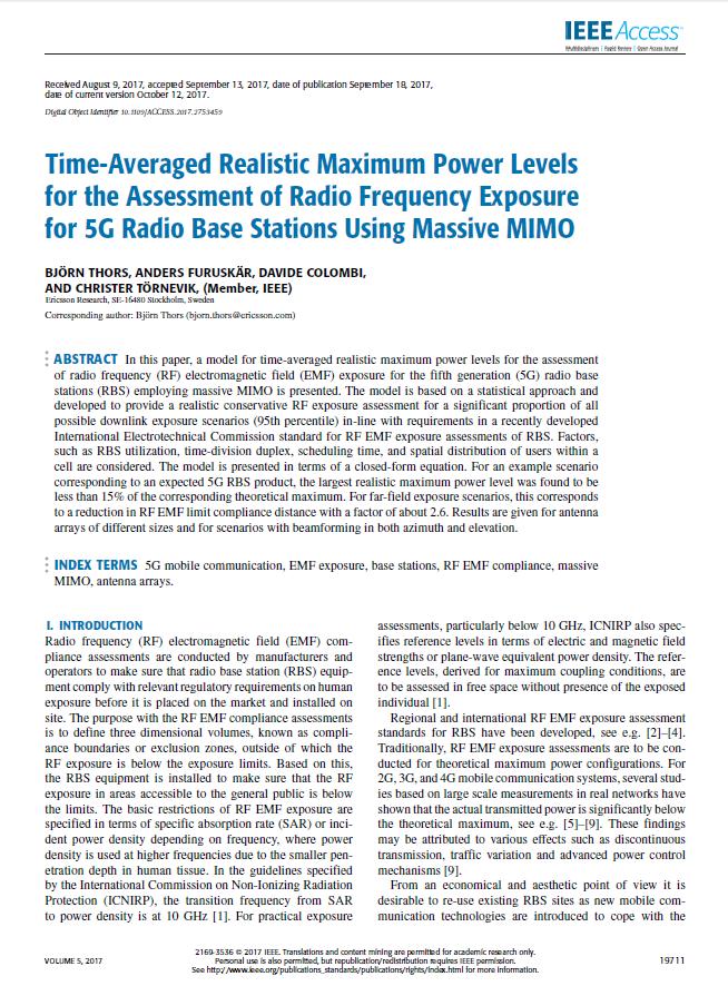 Actual maximum power of massive MIMO Fraction of total power contributing to the EMF exposure as function of antenna array size (95 th percentile) 75% downlink (TDD) 100% utilization Statistical