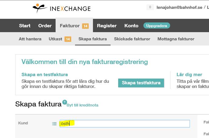 5 Registrera faktura I fakturamallen, börja skriva in östh i fältet för Kund, välj Östhammars kommun som poppar upp: I den högra delen av mallen ska följande fält i fyllas i : Fakturanr: Ert