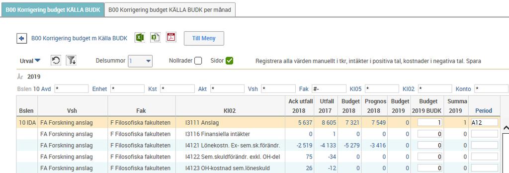 2018-10-17 27 Korrigering Budget Källa Korrigering på topp Sparas