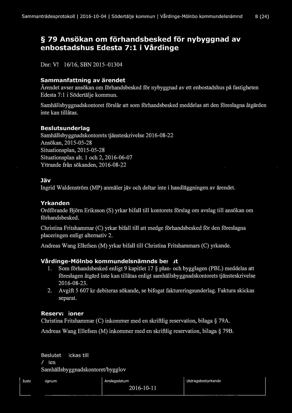 Sammanträdesprotokoll l 2016-10-04 l Södertälje kommun l Vårdinge-Mölnbo kommundelsnämnd 8 (24) 79 Ansökan om förhandsbesked för nybyggnad av en bostadshus Edesta 7:1 i Vårdinge Dnr: VM 16/16, SBN
