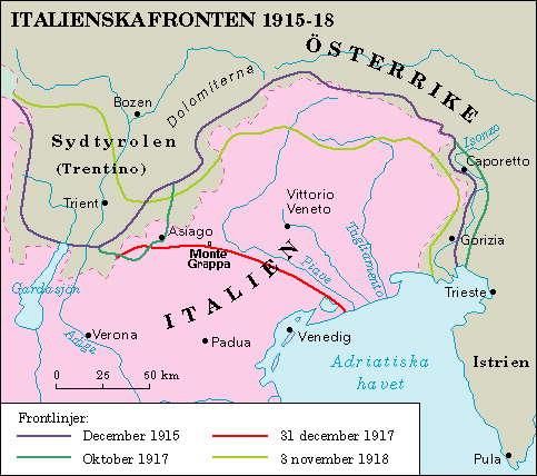 28 8. Bilagor. Här framgår det hur den italienska fronten gick mellan åren 1915-1918.