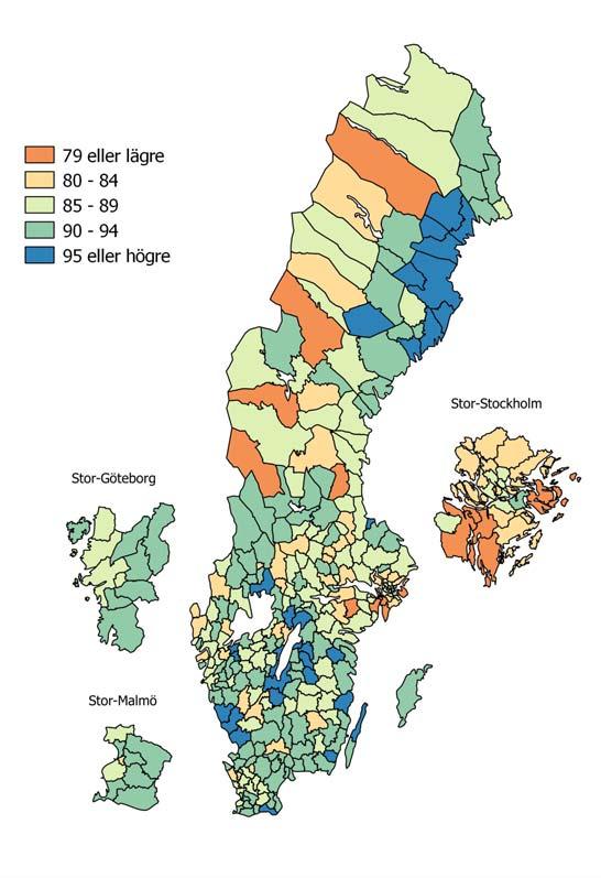 Andelen lärare med pedagogisk högskoleexamen varierar även mellan kommunerna. 11 Åtta av tio kommuner har en andel mellan 82 och 95 procent. Det finns även skillnader mellan länen.