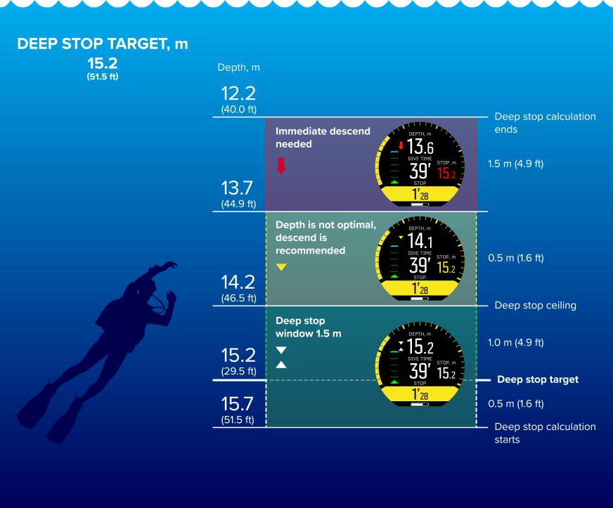 Under 20,0 m (65.6 ft) aktiveras djupstoppet. När dykaren i det här fallet stiger uppåt, är ett djupstopp nödvändigt halvvägs till maxdjupet, det vill säga vid 15,2 m (49.8 ft).