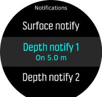 Välj Surface notify (Ytmeddelande) eller (Depth notify Djupmeddelande) 1, 2, 3,3 4 eller 5 med den övre eller undre knappen. Meddelanden är avaktiverade som standard.