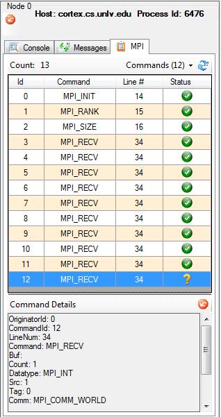 The MPI tab displays all MPI commands in the order they were executed along with their