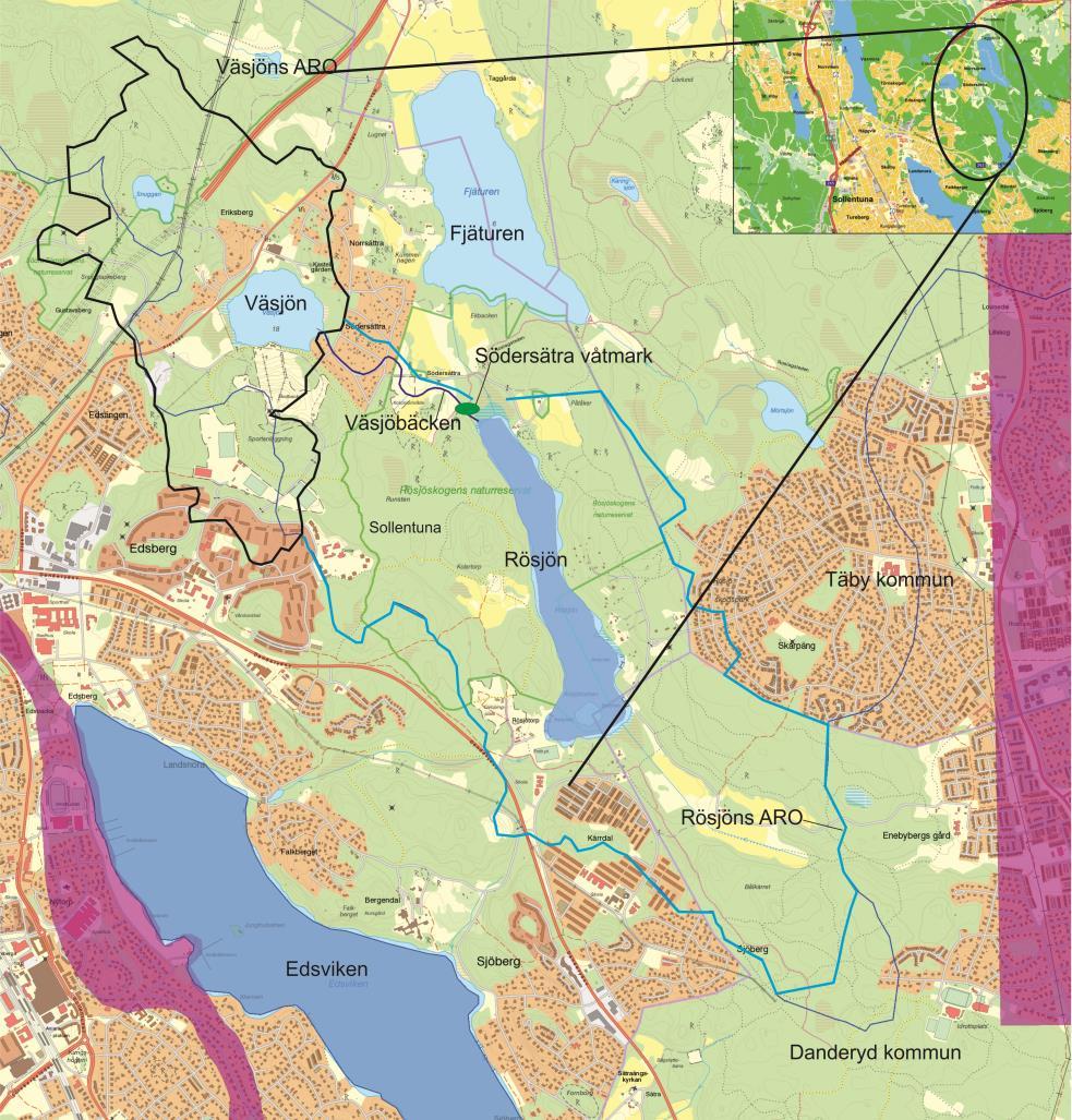 Figur 1. Lokalisering av Rösjön i Sollentuna kommun, väster om Sollentuna tätort. Rösjöskogens naturreservat omgärdar nästan hela Rösjön, med undantag för den södra delen.