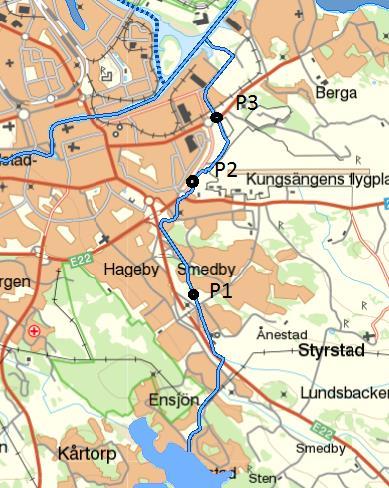 Figur 1. Provtagningspunkter P1,P2 och P3 utmed Ljura bäck samt foto på provpunkt P1 och P2. Provpunkt P3 togs från bron utmed Lindövägen. Tabell 1.