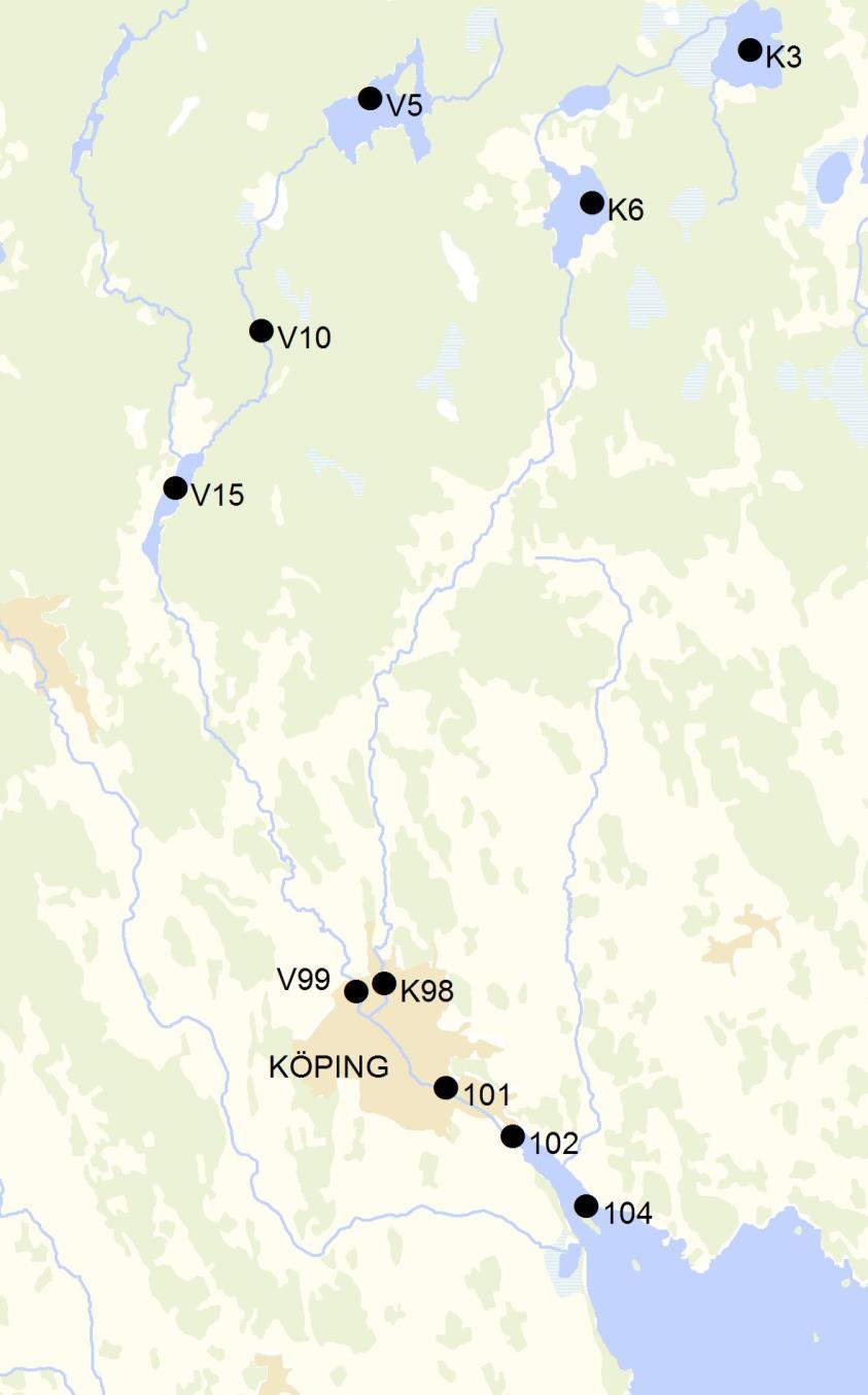 K3=Glåpen, K6=Sörsjön, K98=Kölstaån, 101=Köpings hamn,