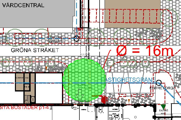 4.2 Inlastning 12 meters fordon, alt Sopbil Den föreskrivna minsta vändradien är 9 meter vilket ger en diameter om 18 meter. Angiven yta i förslaget medger endast 8 meter lika med 16 meter i diameter.