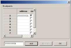 Arbetsbok för MD407 Du kan också öppna dialogen för brytpunktstabellen och hantera brytpunkter härifrån: För att lägga till en ny brytpunkt skriver du in adressen i fönstret längst ned till vänster