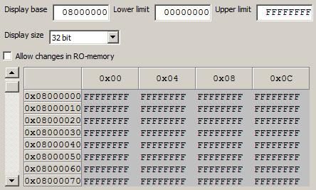 Med Lower limit och Upper limit kan du avgränsa det minnesutrymme du vill studera. Du kan också ange en startadress för blocket som ska visas (Display base).