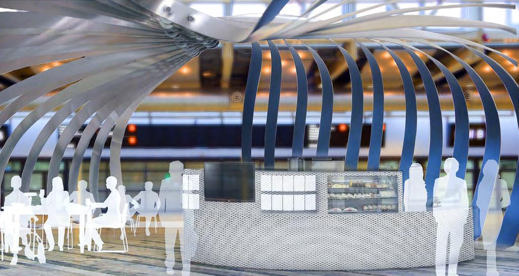 ONCEPT Besökarna möter en spännande skulptural form som inuti upplevs som omslutande på mässans stora entrétorg. Stålets egenskaper i form av spänst och formbarhet framträder tydligt.