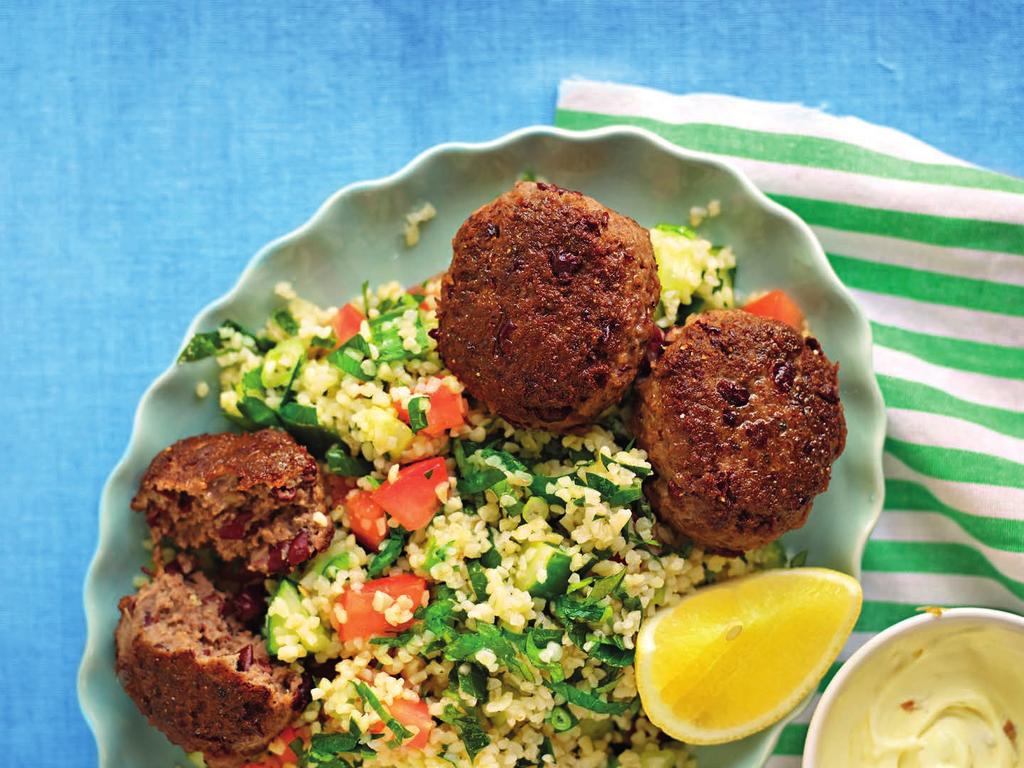 RECEPT 3 30 MIN 475 kcal/port. Energi från: Fett 26% Kolhydrater 45% Protein 29% Kryddiga biffar med tabbouleh Goda färs- och bönbiffar med smak av spiskummin.