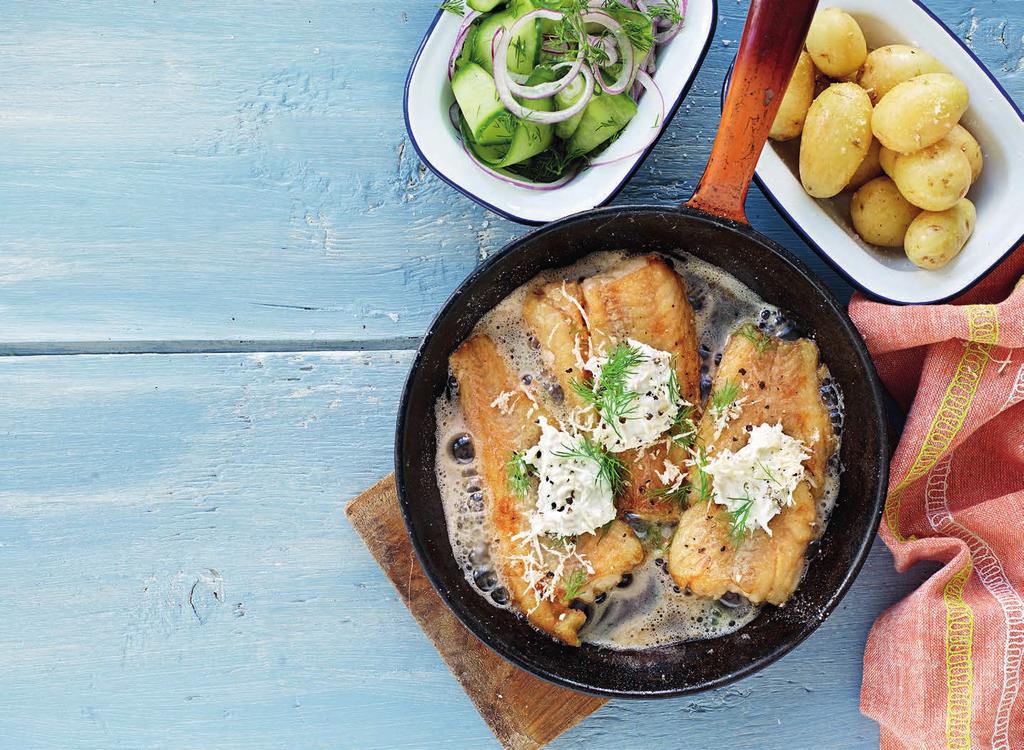 RECEPT 1 20 MIN 560kcal/port. Energi från: Fett 20g Kolhydrater 67g Protein 26g Smörstekt fisk med syrlig gurksallad och pepparrotssås Fisk på bästa sätt med härlig smak av pepparrot.