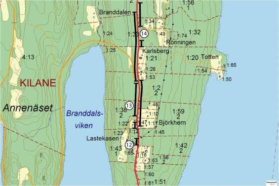 Delsträcka 12 Läge: Strax norr om Snäcke vid Lastekasen öster om Branddalsviken. En delsträcka ingår, västra sidan vägen.