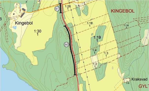Delsträcka 60 Läge: Strax söder om Kingebol. En delsträcka ingår, västra sidan vägen. Beskrivning: Vägkant med mycket berg i relativt skuggiga förhållanden.