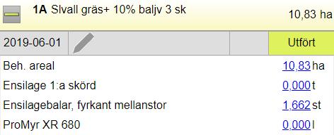 mängden du ser i registreringen är för antal balar per hektar, dock finns totala antalet balar om du klickar på mängden. Även ensileringsmedel går att lägga in.