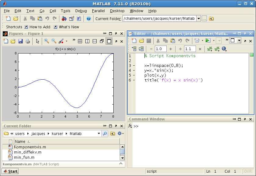 Exempel 1. Rita grafen till f(x) = x sin(x) över intervallet 0 x 8. Vi bildar en vektor x = (x 1, x 2,, x n ) med värden jämnt fördelande över intervallet 0 x 8.