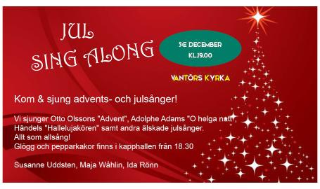 MÅNDAG 3 DECEMBER 13.00 Tankesmedja Vantörs kyrka 15.30 Måndagsklubben Hagsätra kyrka 18.00 Teater Umbra Vantörs kyrka TISDAG 4 DECEMBER 8.30 Veckomässa Vantörs kyrka 12.00 Lunchmusik.
