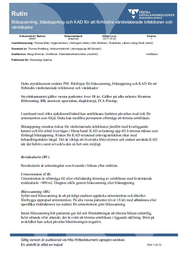 Styrdokument Rutin för blåsscanning, blåstappning och KAD för att förhindra vårdrelaterade infektioner och vårdskador