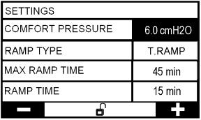 Välj ramptyp med hjälp av den högra eller vänstra regleringsknappen. Comfort pressure (Komforttryck): den trycknivå som apparaten producerar i rampfunktionens inledningsskede.