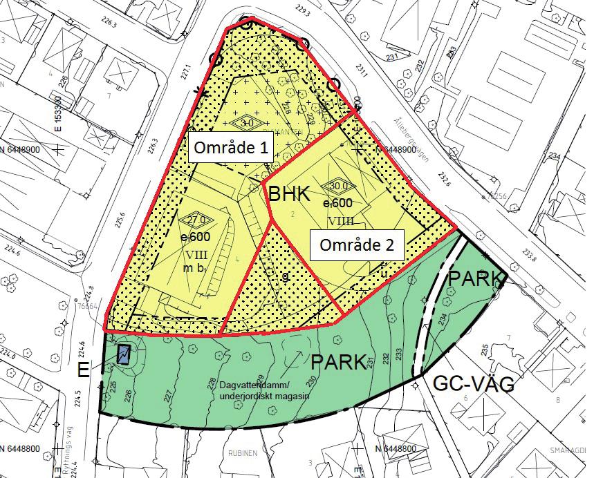 Område för markanvisning Området som är aktuellt för markanvisning är uppdelat i två områden. Exploateringsgrad framgår av områdesbeskrivningarna nedan.