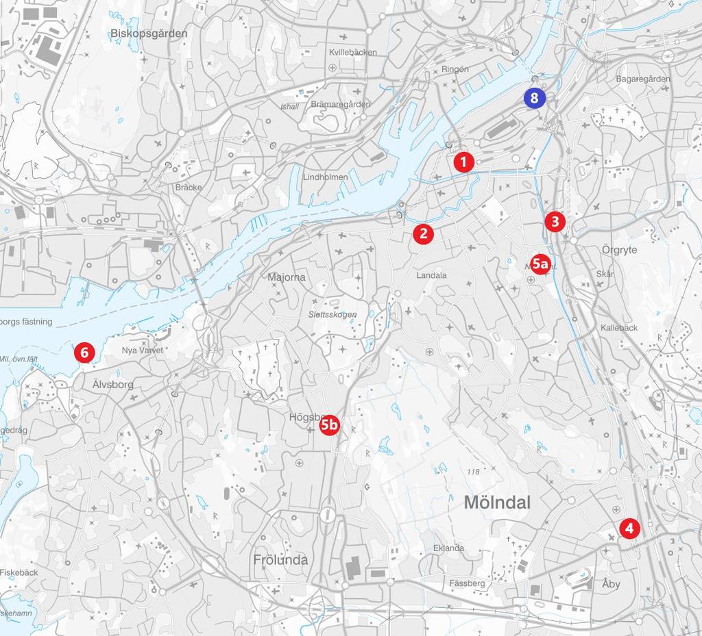 Figur 2.1 Karta över stationer för mätningar av luftkvalitet (röd) och meteorologi (blå) år 18. Tabell 2.1 Sammanfattning av mätstationer och mätparametrar år 18.