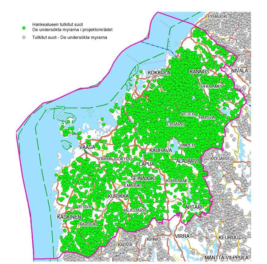 Turvevarojen kartoitus hankealueella Kartläggning av torvresurser i projektområdet GTK on tutkinut lähes kaikki hankealueen yli 20 ha:n suot, sillä tutkimusprosentti suoalasta on Pohjanmaalla 100 %