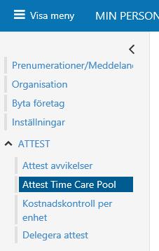 Inställningar för förvalda orsaker i Attest TimeCare Pool I listan för poster från TimeCare Pool, finns det en inställningsknapp längst ner till vänster.