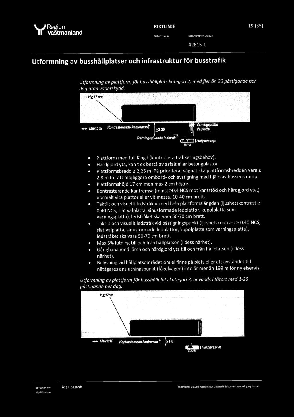 Wgémamm RIKTLINJE 19 (35) Gällerir.o.m. Baknummer Utgåva Utformning av plattform för busshållplats kategori 2, med fler än 20 påstigande per dag utan väderskydd. "') 5.5..,, Max 5% Konirasterande kantremsai 22.