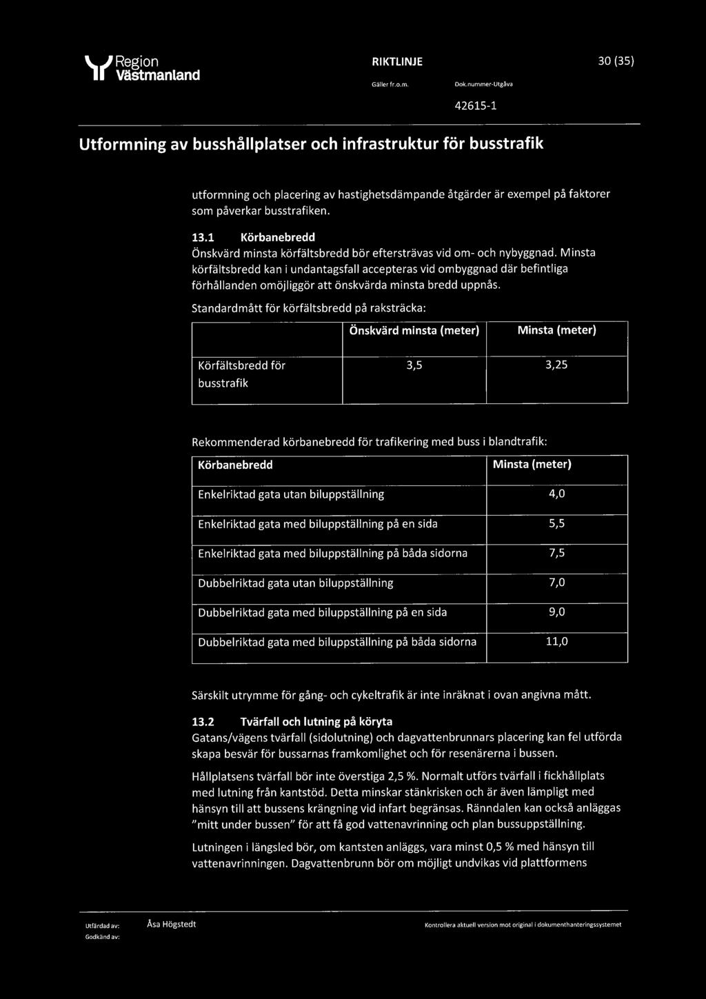 H.., Region RIKTLINJE 30 (35) Gällerfr.o_m. Baknummer-Utgåva utformning och placering av hastighetsdämpande åtgärder är exempel på faktorer som påverkar busstrafiken. 13.