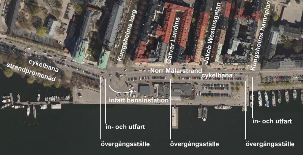 Sida 14 (46) delen vid Kungsholms hamnplan. Mellan dessa löper en gata inom planområdet parallellt med Norr Mälarstrand och försörjer parkeringsplatser och verksamheter på kajen.