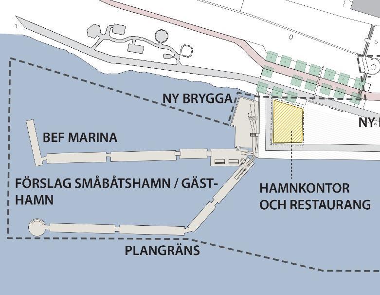 Sida 20 (46) Situationsplan över den förslagna småbåtshamnen och gästhamnen, samt tillhörande hamnkontor och restaurang.