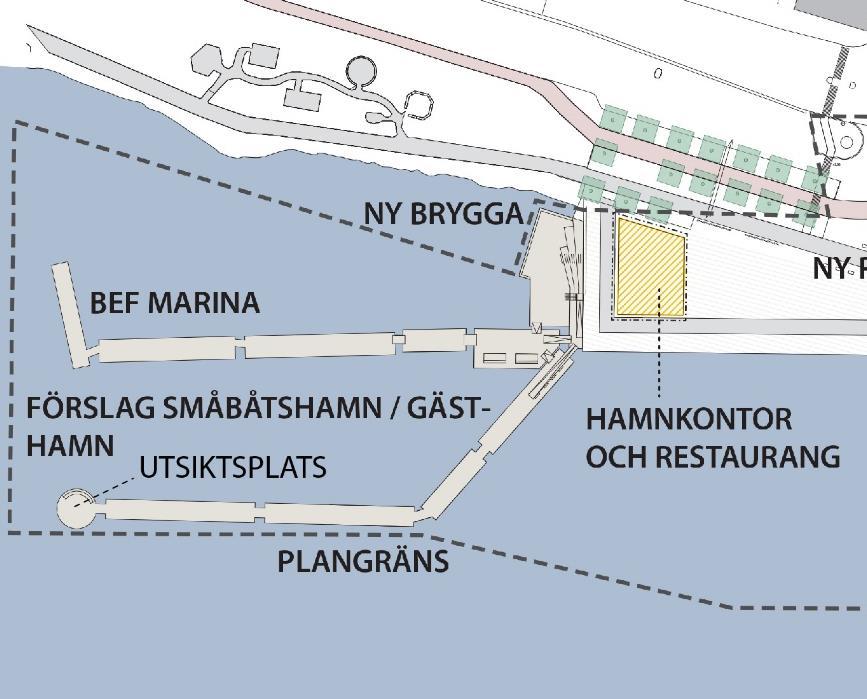 Sida 30 (46) Båtar får enbart placeras på insidan av pontoner vid gästhamn (se situationsplan nedanför) för att minska skymd utsikt mot söder.