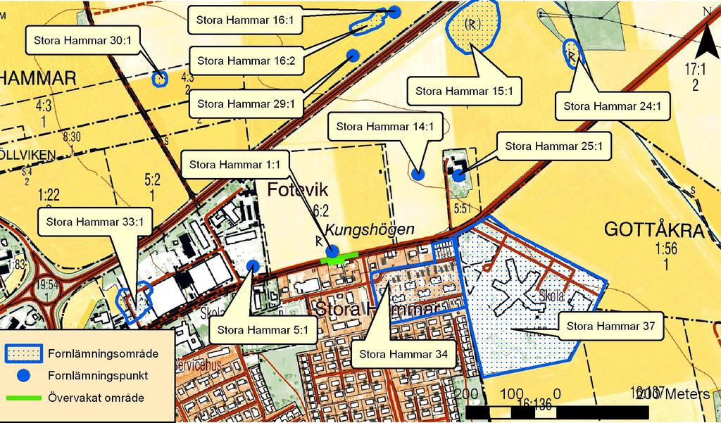 Fig. 4. Övervakade områden visas med gröna markeringar på utdrag ur Fastighetskartan 61D 4hS Höllviken. Skala 1:10 000. Högen undersöktes år 1890 av Oscar Montelius.