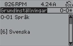 När du har valt en parametergrupp väljer du en parameter med navigeringsknapparna. I displayens mittavsnitt visas parameterns nummer och namn tillsammans med det valda parametervärdet. 130BP067.