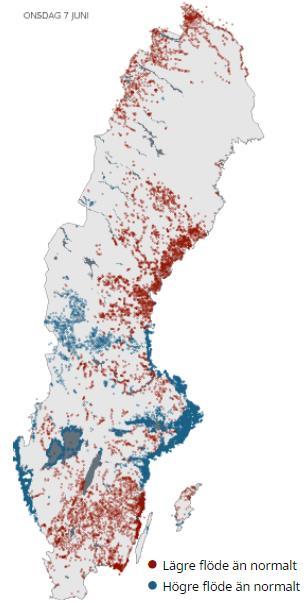 Flöden i vattendrag Många vattendrag har lägre flöden än normalt för årstiden. En bidragande orsak är årets relativt lilla vårflod.