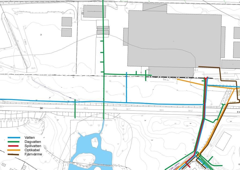 Karta som visar befintliga ledningar i marken. Den nya markförlagda elkabeln till nybygget är inte inlagd.