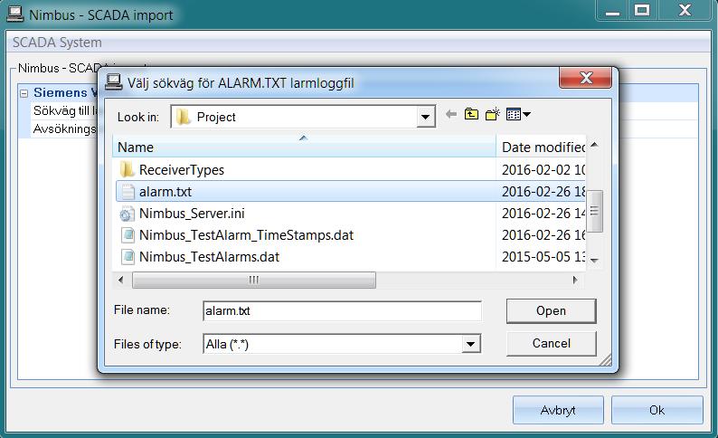 Välj SCADA System > Lägg till SCADA Import > Siemens WinCC Välj alarm.txt i den mapp som angavs i scriptet. Om filen inte finns ännu räcker det med att klicka Open.